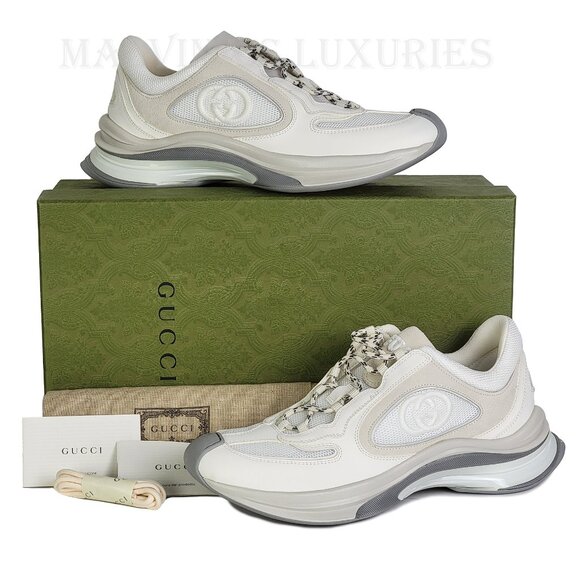 GUCCI SNEAKERS RUN WHITE SUEDE LEATHER INTERLOCKING G LOGO SHOES sz 40.5 10.5 - Picture 3 of 16